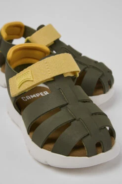 Oruga Green Leather And Textile Sandals For Kids