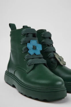 Twins Green Leather Ankle Boots For Kids